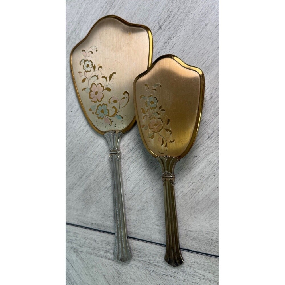 Vintage Art Nouveau Satin Gold Tone Handheld Vanity Mirror and Hairbrush 2pc Set